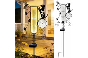 YJFWAL Dog Rain Gauge Outdoor, Decorative Metal Hummingbird Solar Rain Gauge with LED Light and Thermometer, Garden Decor for