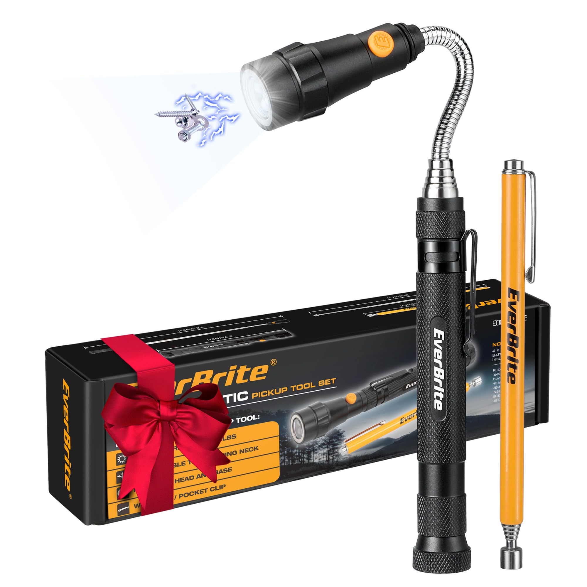 EverBrite 2-Pack Magnetic Pickup Tool with LED, Extendable Telescoping Magnet, Flexible Neck, Gifts for Men, Dad, Husband