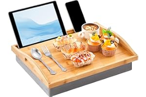Pickmesh 1 Pcs Bamboo Lap Tray with Detachable Pillow Wood Bed Food Trays with Cushion 16.9 x 13 Inch for Adults Elderly Eati