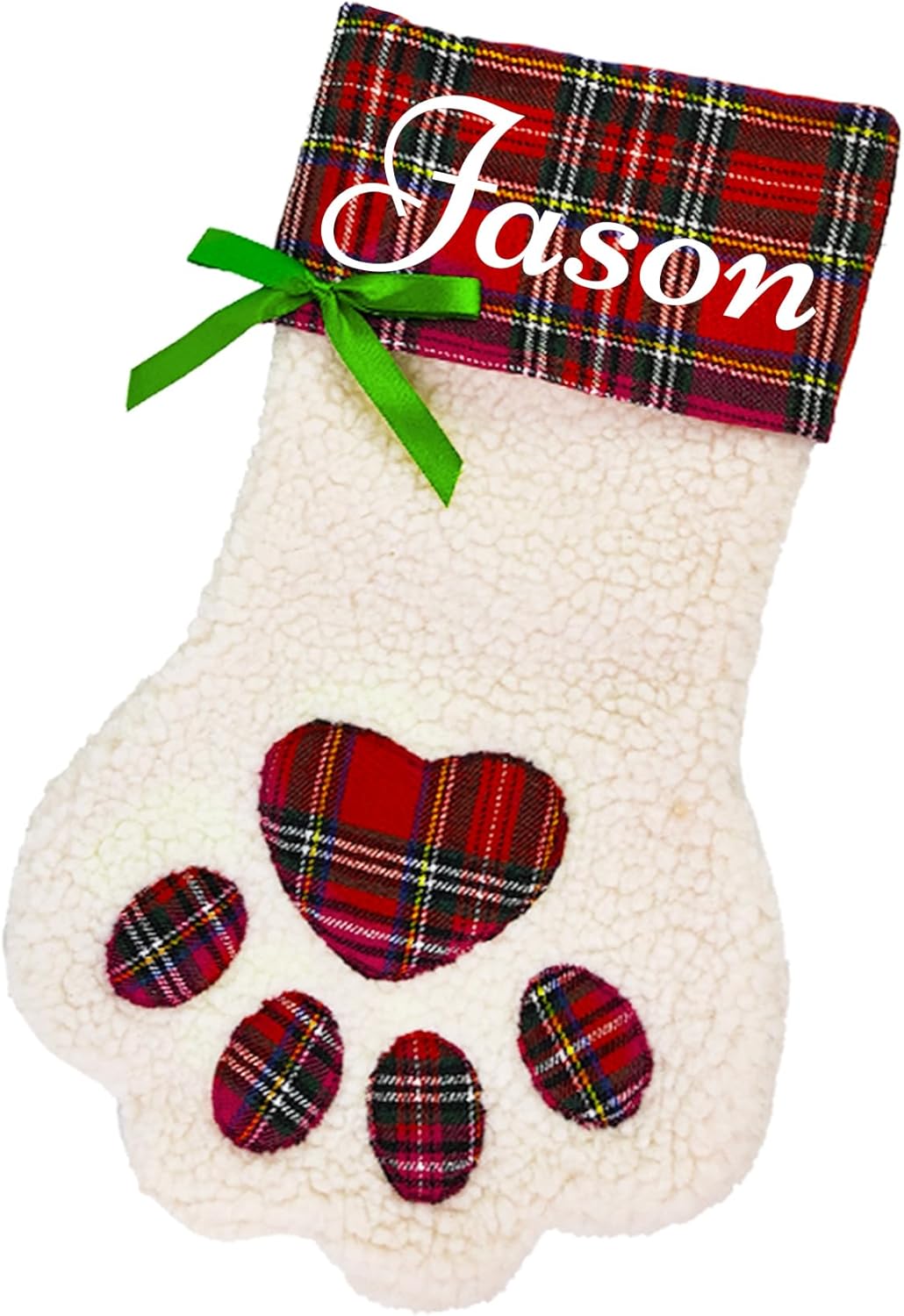 Stockings & Holders - Personalized Christmas Stocking for Dogs, Customized Dog Pet Paws with Name, White Faux Sherpa with Red Plaid Cuff & Dog Bone Accents, Perfect for Festive Christmas Fireplace Hanging Decorations