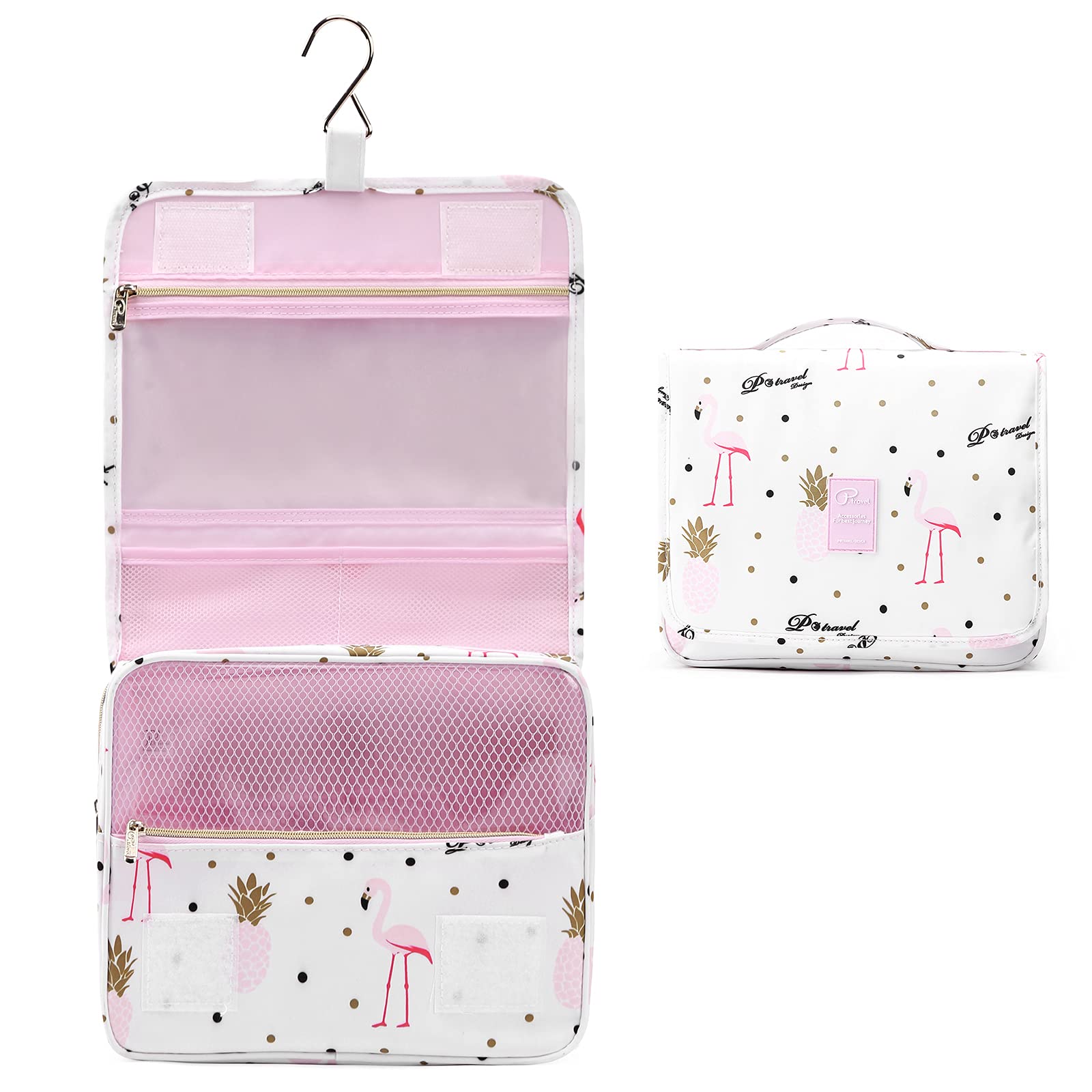 Hanging Travel Toiletry Bag for Women & Girls, Lychii Cosmetics Makeup Bag Organiser for Travel Size Accessories - Flamingo Printed