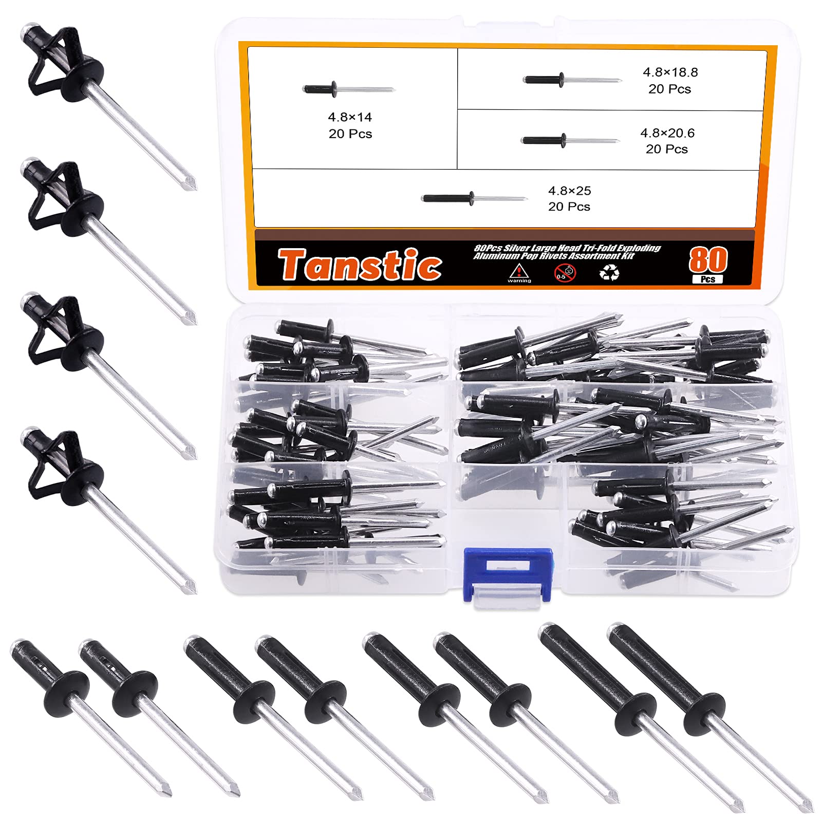 Tanstic 80Pcs 3/16'' x 9/16'' / 3/4'' / 13/16'' / 1" 4 Sizes Flange Aluminum Blind Rivets Large Head Tri-Fold Exploding Pop Rivets Assortment Kit (Black)