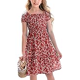 Poploli Girls Summer Dress Kids Floral Square Neck Puff Sleeve A-Line Midi Dresses