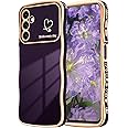 NITITOP Compatible with Samsung Galaxy A24 4G Case Cute Luxury Women Girls Men with Love Heart Electroplated Pattern Curly Wave Frame Raised Camera Shockproof Protection Cover-Dark Purple