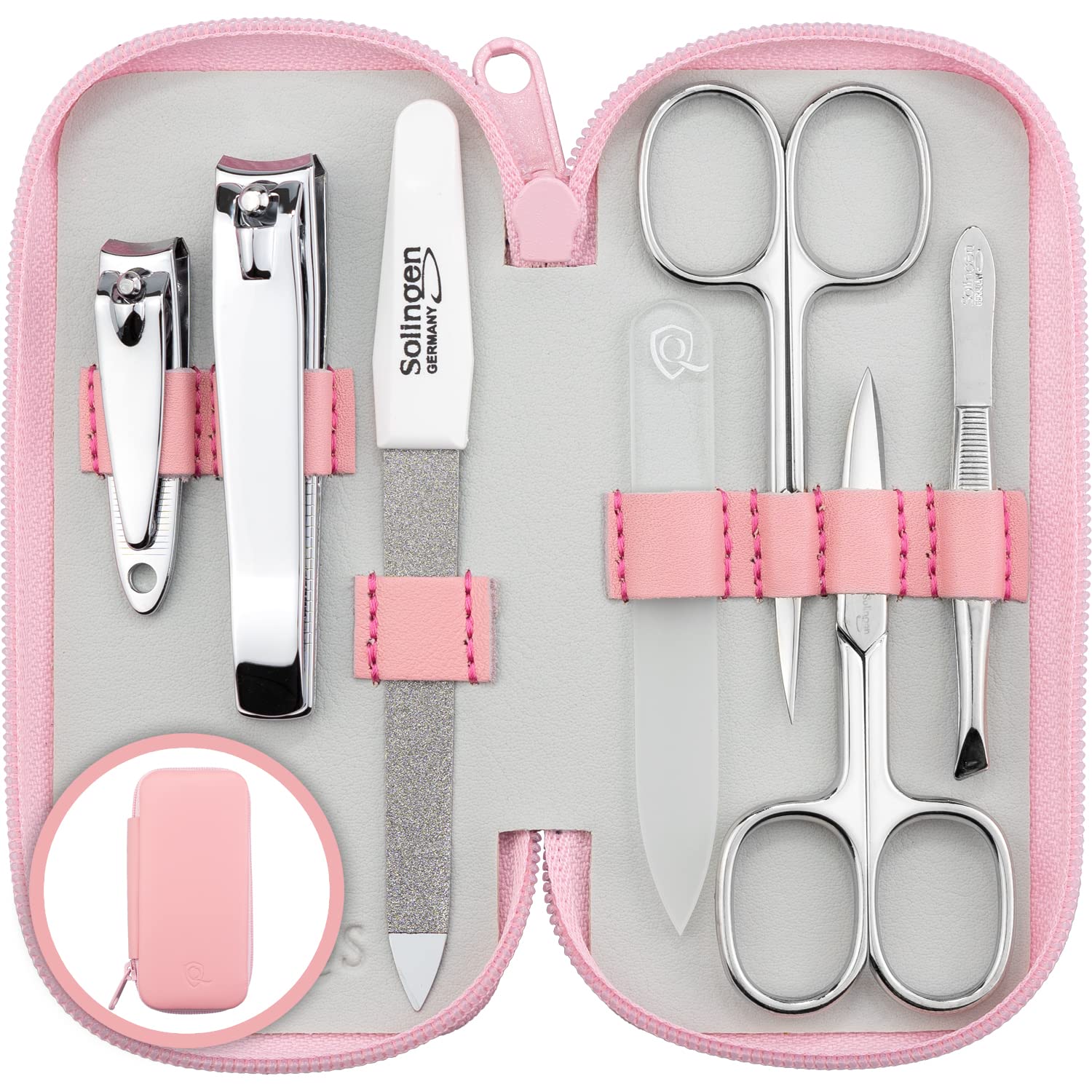 Solingen Manicure Set for Women & Men - 7-Piece Nail Kit Made in Germany with Patented Glass Nailfile - Handy and Soft Real Leather Case, Rose
