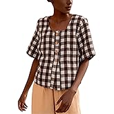 PUWEI Women's Button Down Shirts Summer Casual Plaid Shirt Square Neck Short Sleeve Cotton Blouse Tops