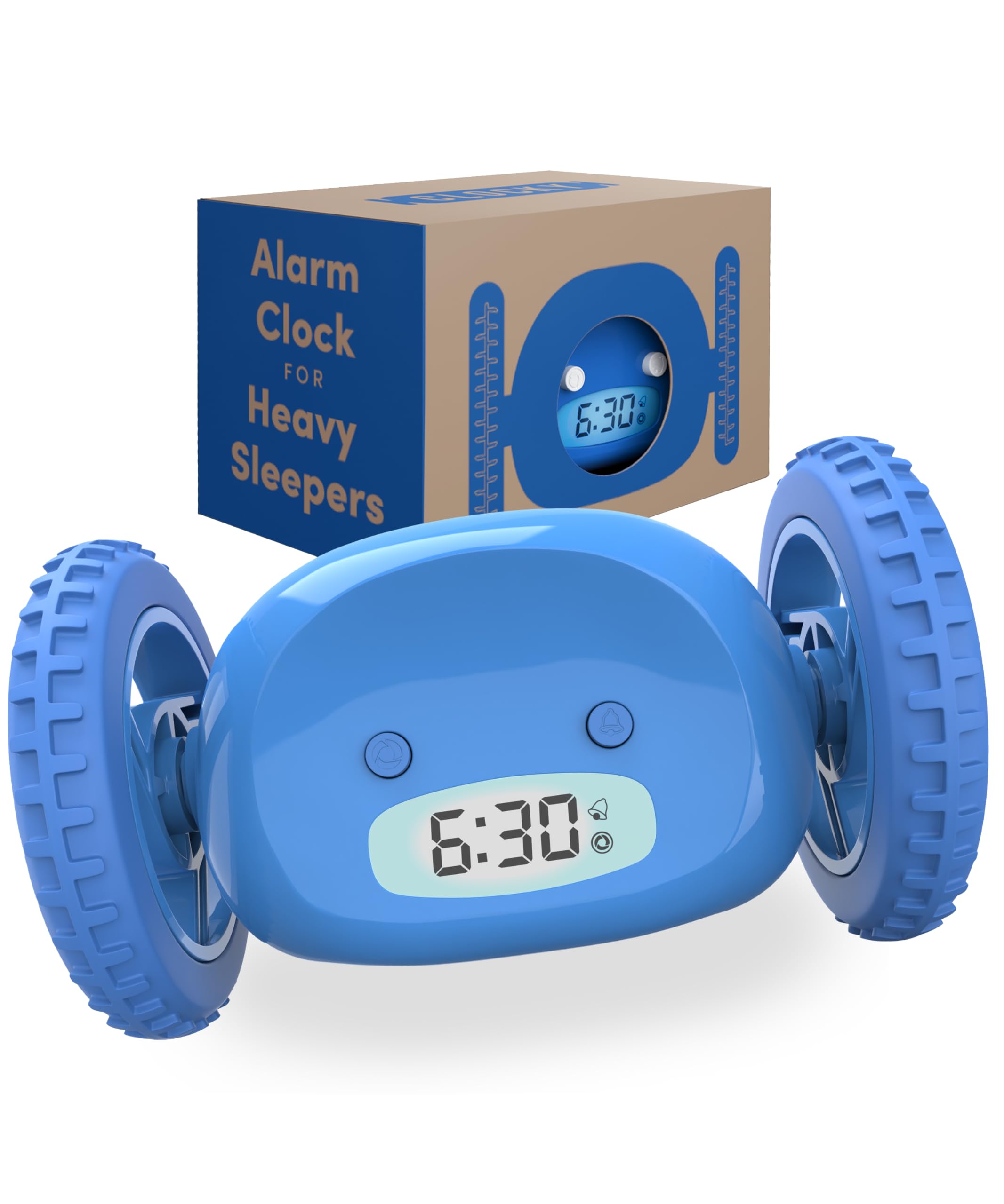 CLOCKY Alarm Clock on Wheels (Authentic) | Extra Loud for Heavy Sleeper (Adult or Kid Bed-Room Robot Clockie) Funny, Rolling, Run-away, Moving, Jumping (Blue)