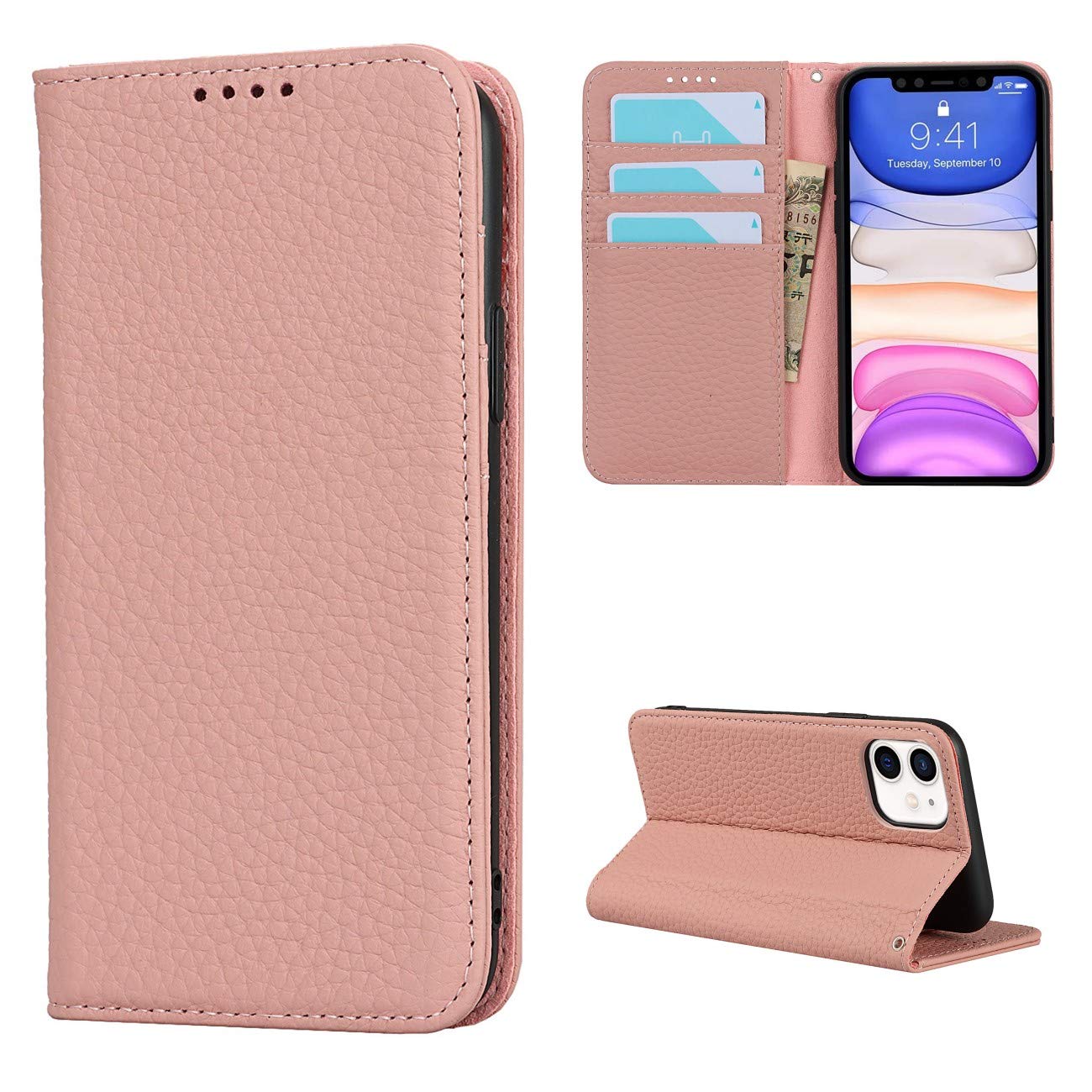 Copmob Phone Case iPhone 11,Flip Genuine Leather Wallet Case,[4 Slots][Magnetic closure][With Lanyard],Protective Cover Case for iPhone 11 - Pink