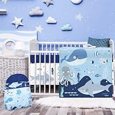Rtteri 4 Pieces Baby Crib Bedding Set, Standard Nursery Size Soft, Whale | Baby Girl Nursery Set, Includes Skirt Blanket Sheet Stacker, Rainbow Heart Design, Soft Breathable for Newborns