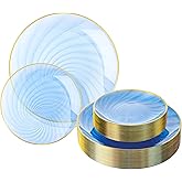 N9R 60PCS Blue Plastic Plates for Party, Heavy Duty Disposable Plate with Gold Rim, Elegant Spiral Design 30 Dinner & 30 Dessert Plates for Wedding, Baby Shower, Birthday(Translucent Blue)