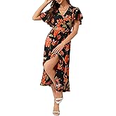 Women's Summer Floral Wrap Dress Casual Boho Printed V Neck Short Sleeve Ruffle Flowy Beach Midi Dresses with Pockets