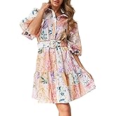 futurino Women Single Breasted A-line Dress, Floral Printed Boho Style Lantern Short Sleeve with Belt Summer Dress