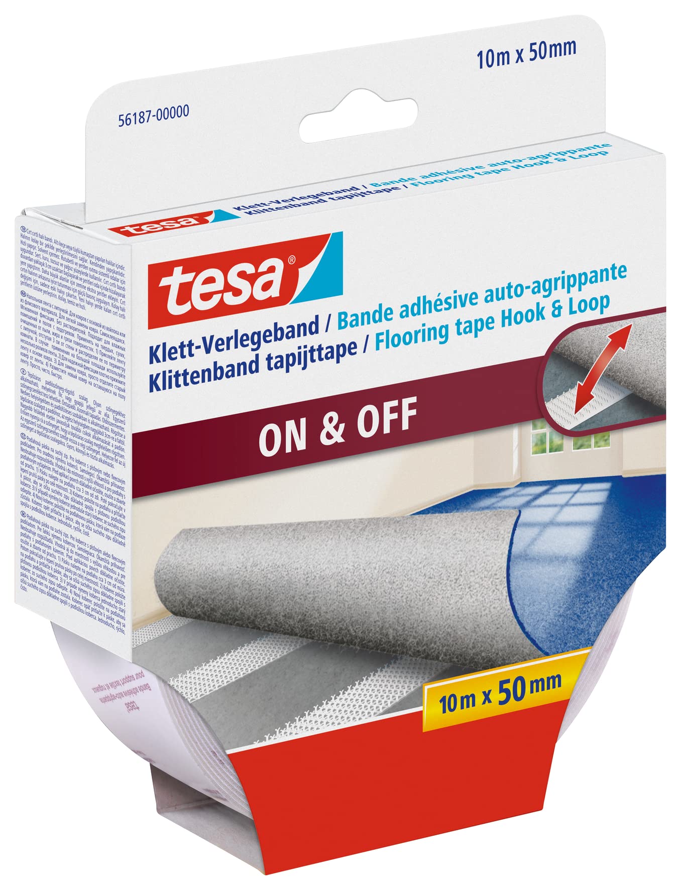 tesa Velcro Laying Tape On & Off – Self-Adhesive Velcro Tape for Laying Carpets – Non-Slip, Suitable for Wet Rooms and Underfloor Heating – 10 m x 50 mm – Transparent