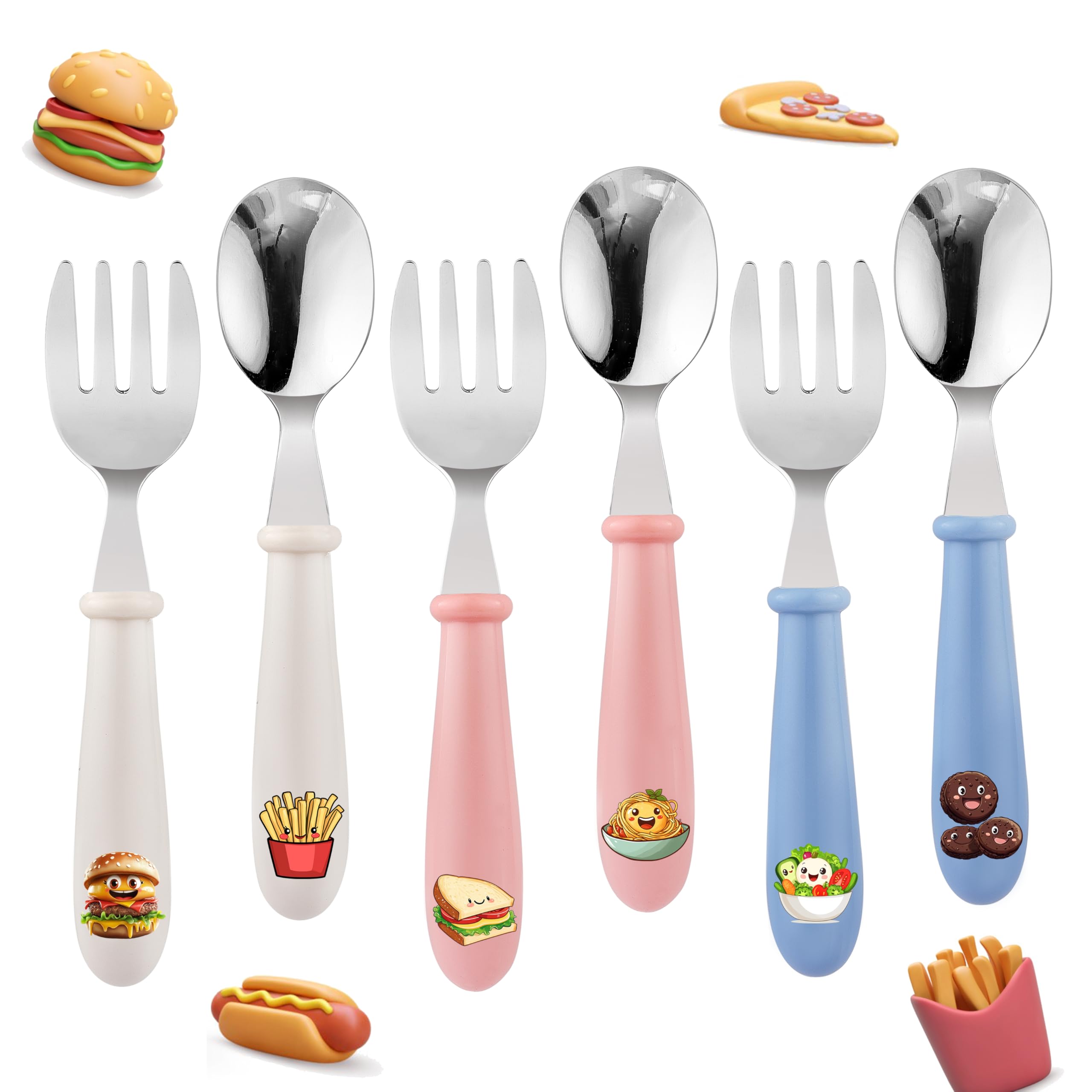 Photo 1 of 6PCS Toddler Kids Utensils Silverware, MONGSEW Stainless Steel Toddler Baby Forks and Spoons, BPA Free, Dishwasher Safe (Food-Themed Design)