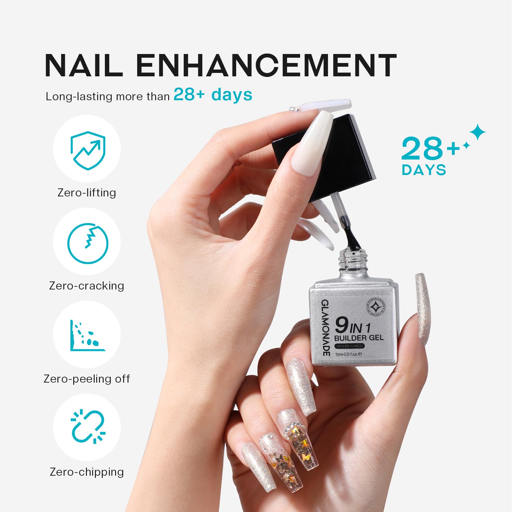 Glamonade Clear Builder Gel for Nails: 9 in 1 U V LED Lamp Cured Color Builder Nail Gel Strengthener Thickening Extension Sculpting Rhinestone Nail Glue Gel for Home Salon - Image 5