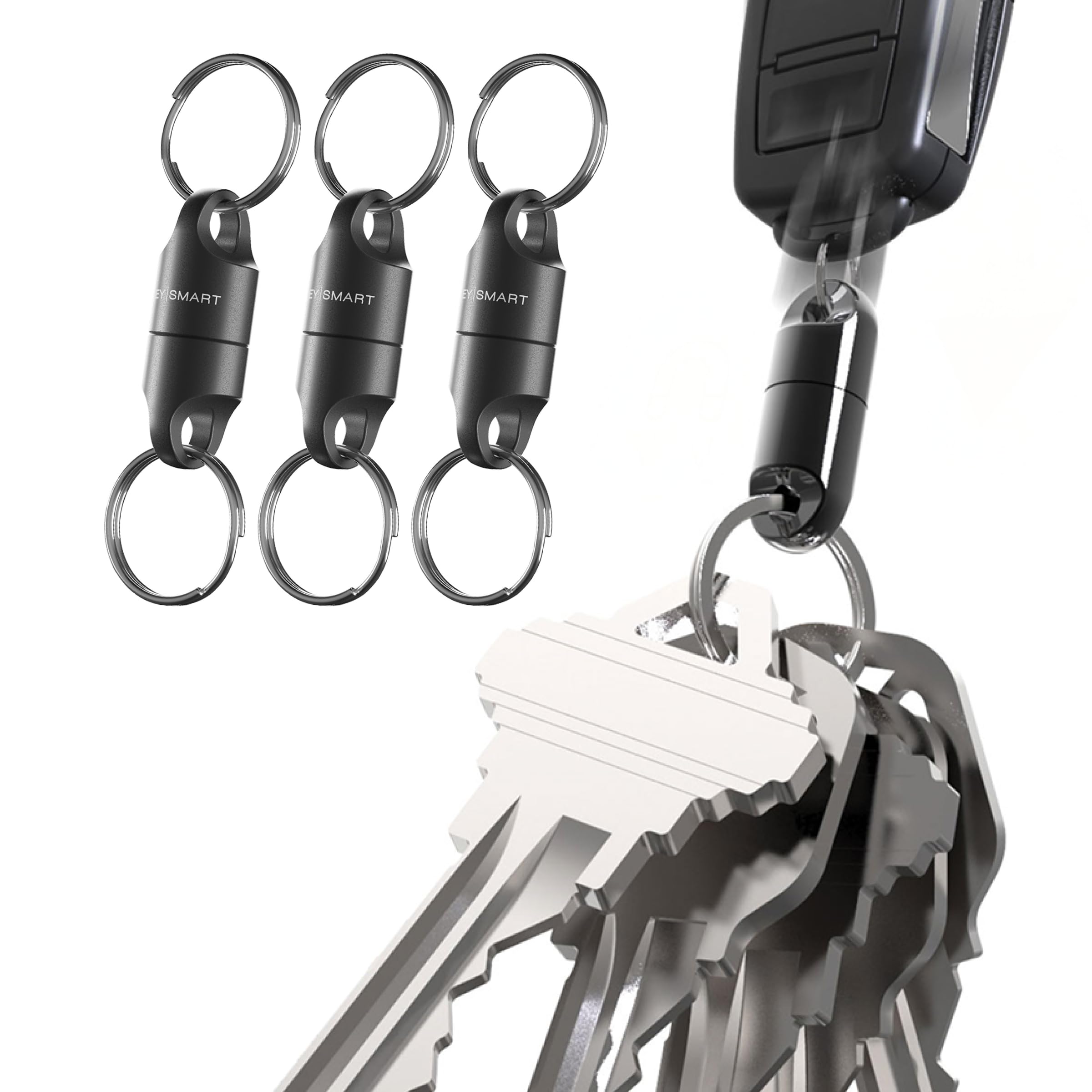KeySmart MagConnect Black, 3-Pack - Magnetic Key Holder for Purse, Key Chains for Car Keys, Detachable Key Ring Quick Release Keychain for Men - Mens Key Chain Rings Heavy Duty Key Ring
