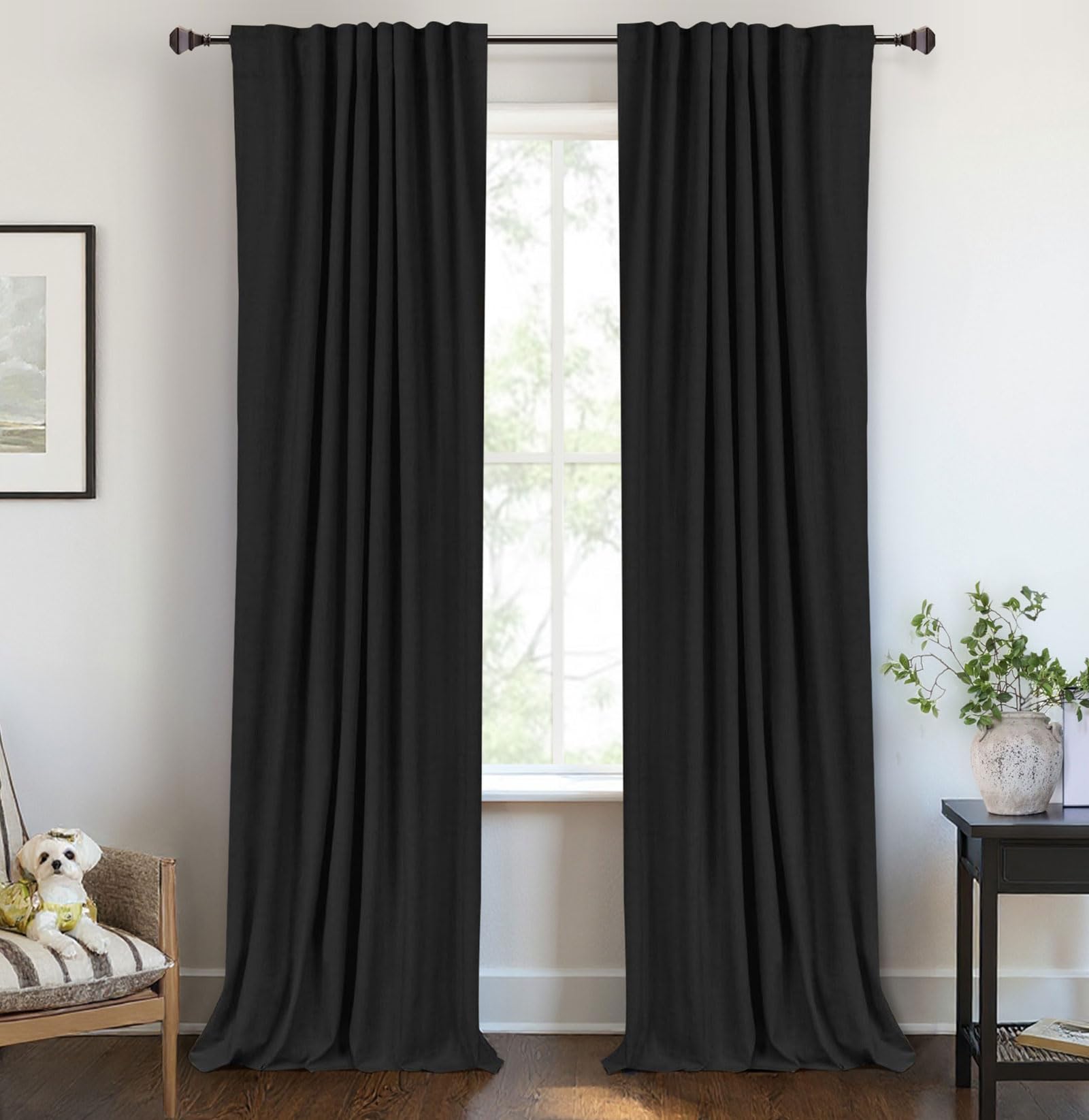 Photo 1 of 100% Blackout Shield Linen Blackout Curtains for Bedroom 84 Inches Long, Back Tab/Rod Pocket Living Room Drapes, Thermal Insulated Blackout Curtains 2 Panels Set, 50" W x 84" L, Black