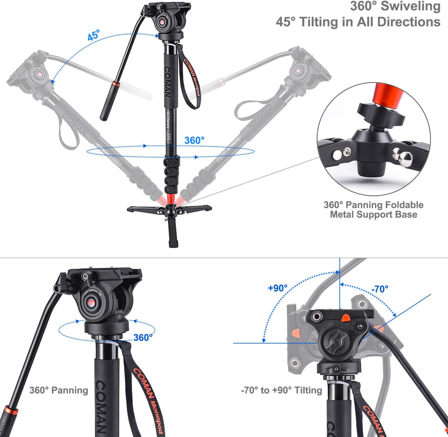 Monopod, COMAN KX3232 73.2 inch Professional Monopod Tripod Lightweight Aluminum Telescopic Camera Monopod with Pan Tilt Fluid Head and Tripod Base for DSLR Video Cameras : Camera & Photo
