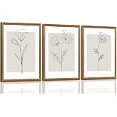 ICHZUMW Neutral Botanical Floral Wall Art, Black and White Farmhouse Flowers Wall Decor, Modern Minimalist Line Art Canvas Prints, Beige Artwork, Living Room Bedroom Home Office, Set of 3, 12x16in