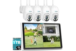 SOVMIKU WiFi Security Camera System, 【Plug-in Cable】 4PCS 3MP PT Outdoor Camera with 10" LCD Monitor, Motion Detection, Color Night Vision, 24/7 Record, 2-Way Audio, 8CH NVR, 2.4G WiFi
