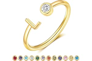 ZNBOH Gold Birthstone Initial Rings for Women Non Tarnish Dainty 14K Gold Plated Adjustable Letter Ring for Teen Girls Stackable Cute Thumb Pinky Fashion Unique Open Simple Birthday Gifts Jewelry