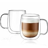 CNGLASS Glass Coffee Mugs 12oz,Double Wall Insulated Mug Set with Handle,Clear Glass Espresso Mugs for Latte,Cappuccino,Tea Bag,Hot and Cold Beverages,Set of 2