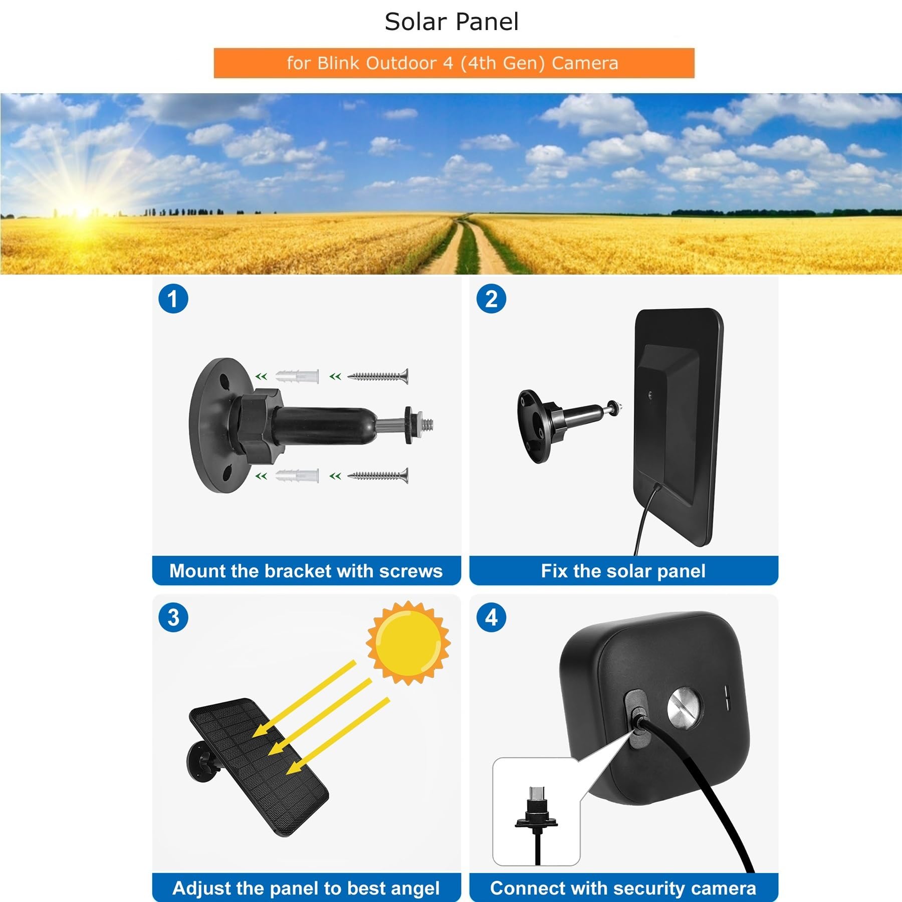 Solar Panel for Blink Camera Outdoor,Outdoor Security Camera Solar Panel Compatible with Blink Outdoor 4(4th Gen),Waterproof Rubber Plug,13ft Cable,Adjustable Mount(Camera Not Included)(2 Pack)