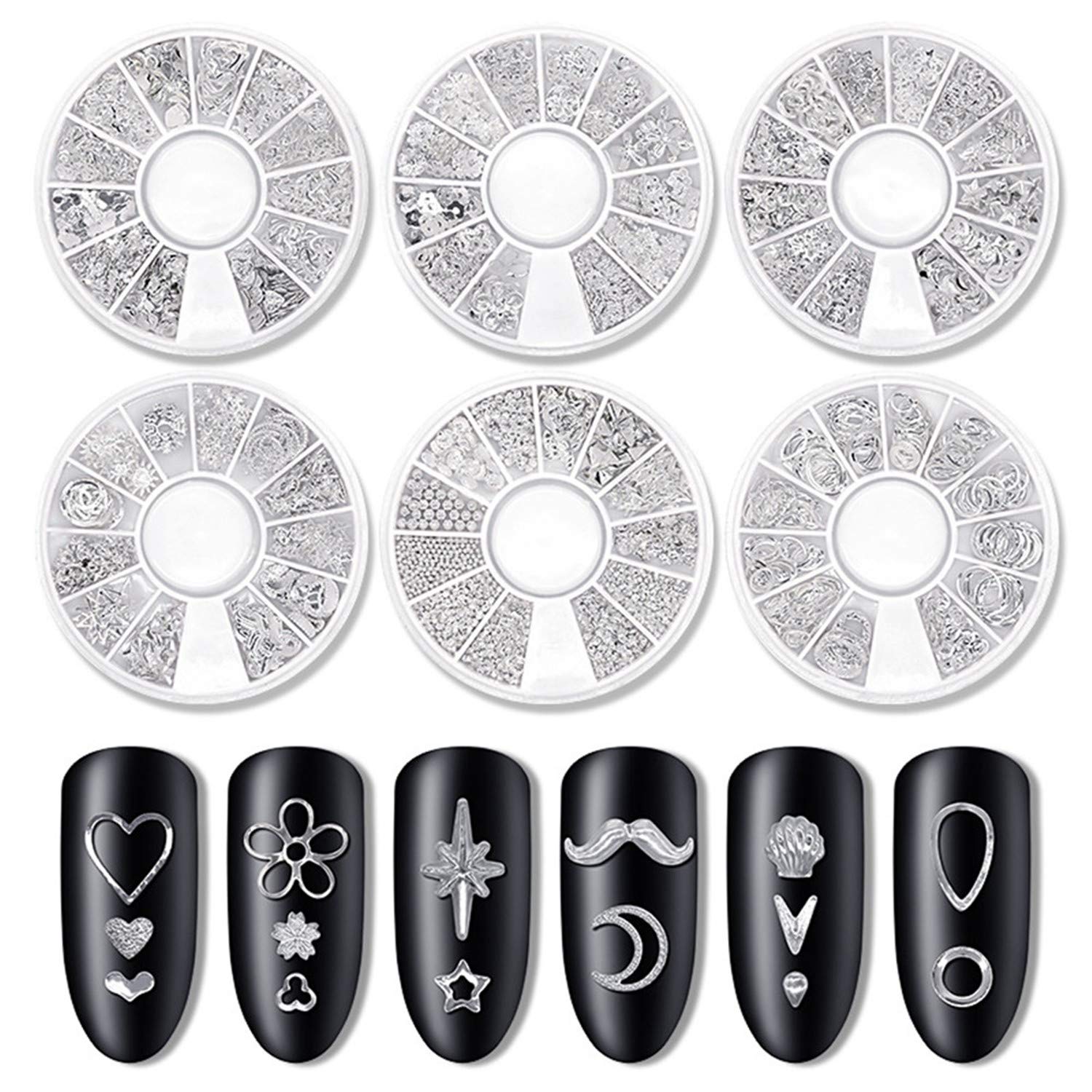 6 Boxes 3D Nail Art Decorations Alloy Nails - Gems Hollow Out Star Moon Mix Styles Rivet Decals DIY Decor (Silver)