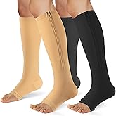 FOFLORA Zipper Compression Socks for Women & Men 2 Pairs,15-20mmhg Open Toe Compression Stockings for Nurse and Long Standing Crowd