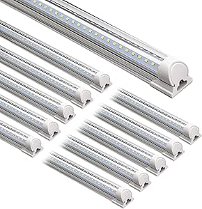 Barrina LED Shop Light, 8FT 72W 9000LM 5000K, Daylight White, V Shape, Clear Cover, Hight Output, Linkable Shop Lights, T8 LED Tube Lights, LED Shop Lights for Garage 8 Foot with Plug (Pack of 10)