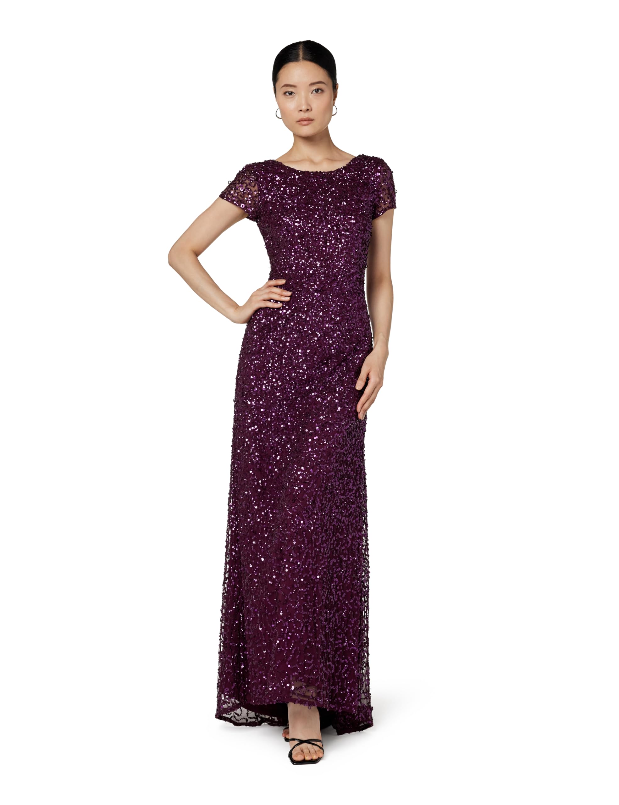 Adrianna Papell Women’s Short-Sleeve All Over Sequin Gown, Cabernet, 18
