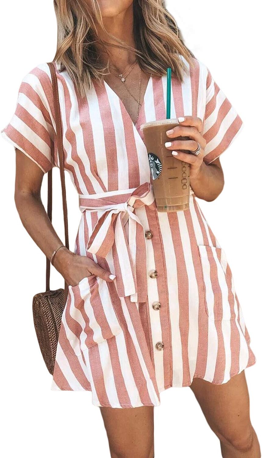 HOTAPEI Womens Fashion Stripe Short Sleeve Wrap V-Neck Casual Summer Button Down Mini Short Shirt Dress with Belt Pink Striped Medium