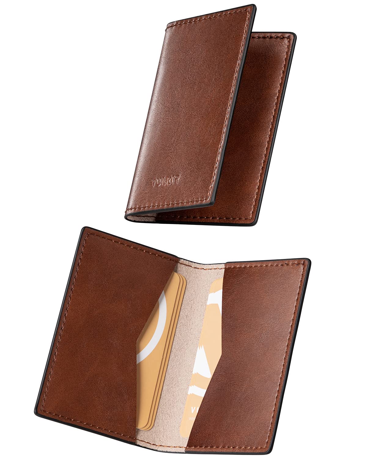 VULKIT Leather Business Card Holders Bifold Ultra Slim Business Card Holder Organizer for Men or Women Up to Hold 20 Business Cards, Brown