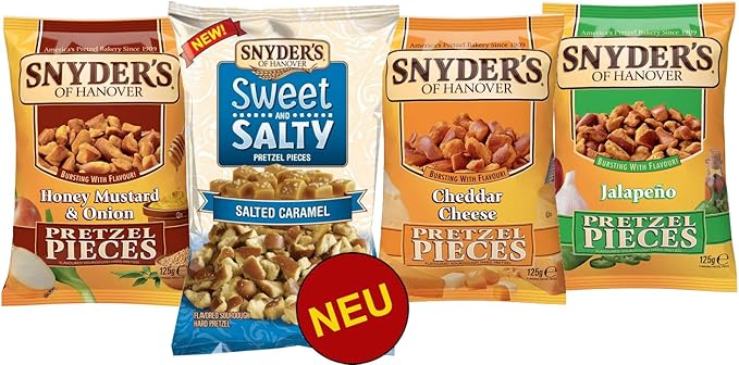 Snyder S Pretzel Snack Trial Set 4 Stuks Honing Mosterd Ui Gezouten Karamel Cheddar Kaas Jalapeno 3x125g 1x100 G Amazon Nl