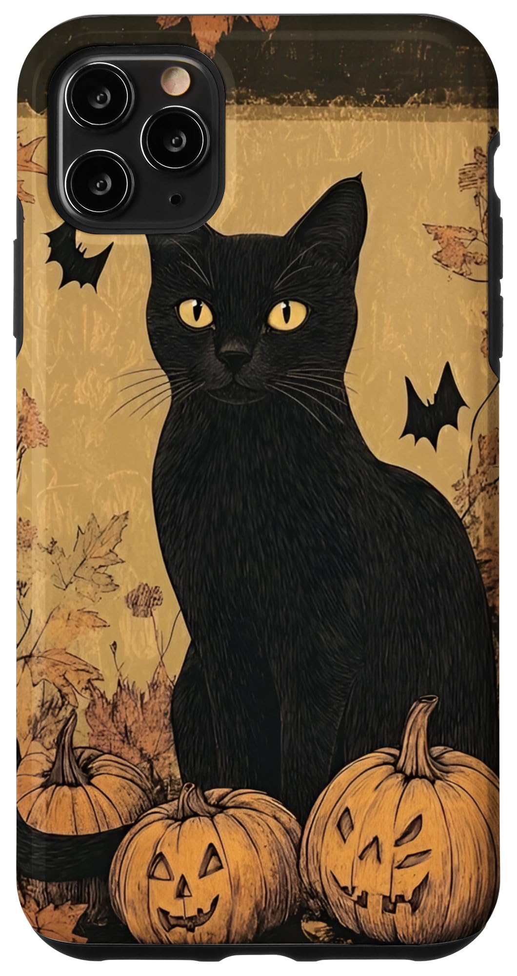 iPhone 11 Pro Max Vintage Halloween Black Cat with Pumpkins and Leaves Case