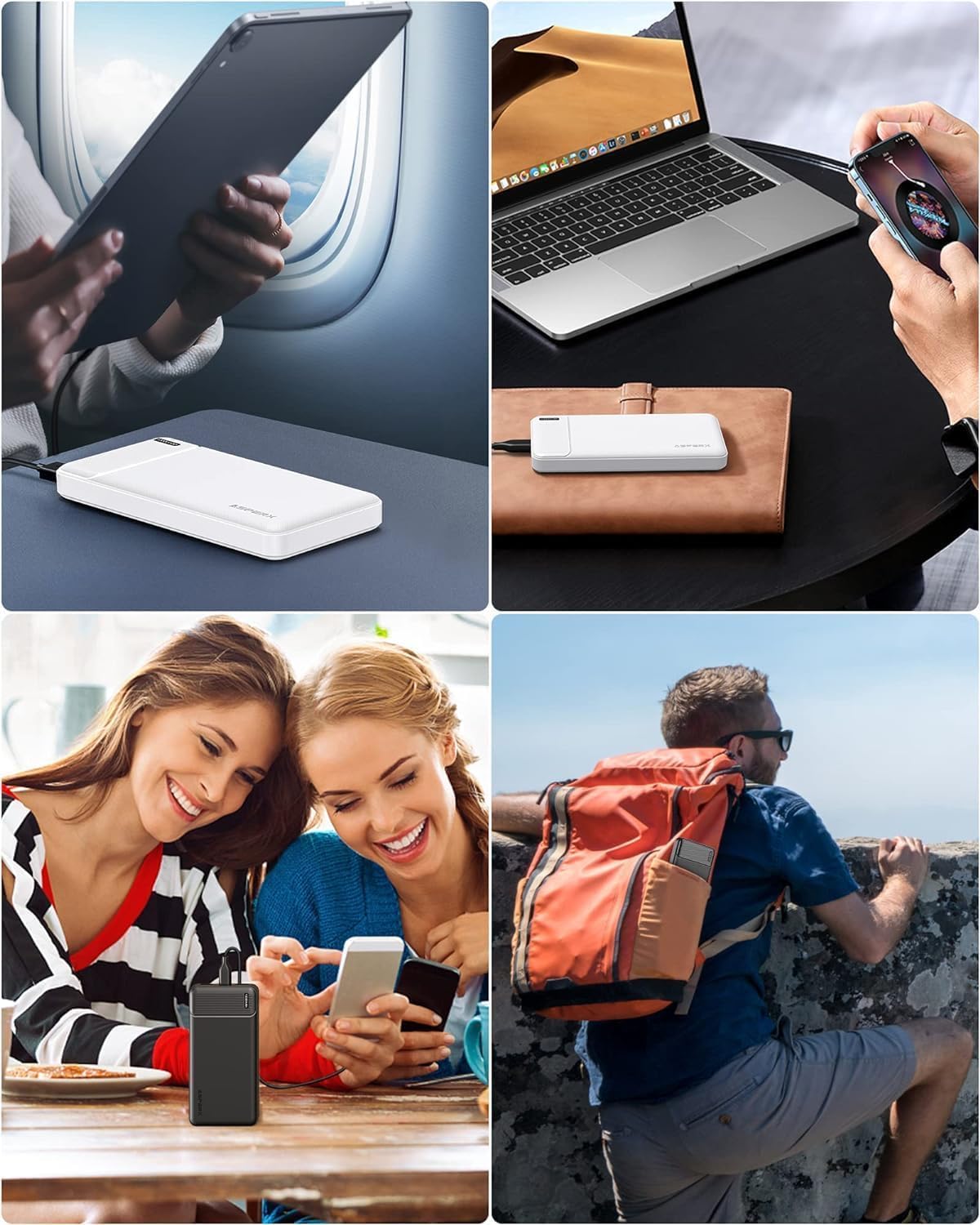 AsperX Power Bank 10000mAh 2 Stück, Slim Klein Aber Stark Externer Handyakkus, USB C Eingang und Ausgang Powerbank, Tragbares Ladegerät mit 4 Ports kompatibel mit iPhone, iPad, Huawei, Tablet 9