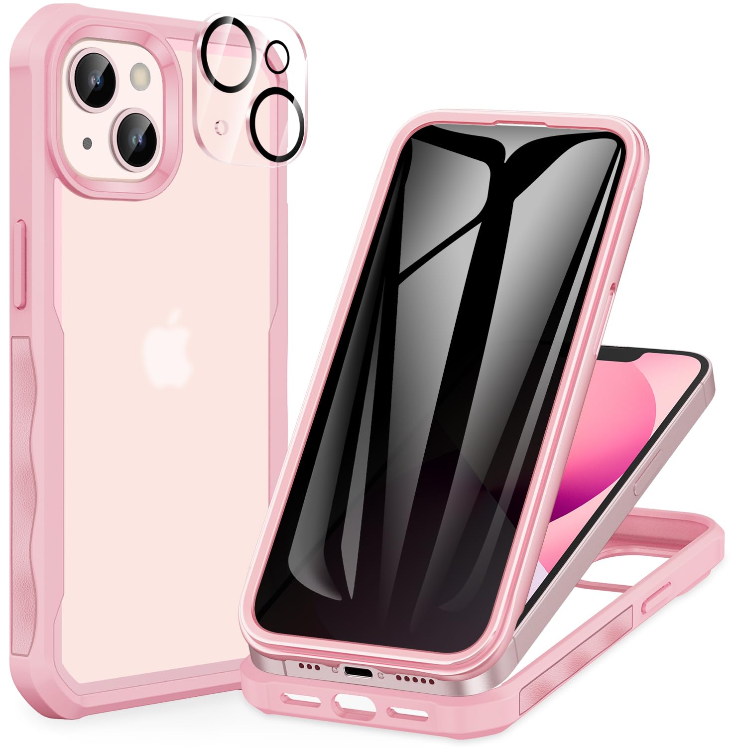 CENHUFO Compatible with iPhone 14/13 Case Built-in Privacy Screen Protector with Camera Lens Protector, 360°Full Body Shockproof Case for iPhone 13/14 with Anti Spy Screen Protector -Pink — image 1