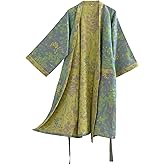 Purefair 100% Cotton Gauze Ginkgo Leaf Kimono Robe, Long Knit Loose Bathrobe Nightgown Ladies Loungewear Sleepwear for Women