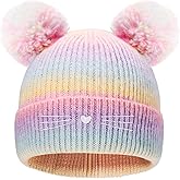 LUCKYBUNNY Kids Cat Embroidery Knitted Beanie with Pom Pom, Winter Beanies Hats Warm Ski Cap for Toddler Girls