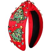 Christmas Headband for Women Holiday Christmas Accessories Beaded Xmas Bow Tree Snowflake HOHOHO Knotted Headband Red Green Crystal Pearl Top Knot Headbands Festive Holiday Gifts (Xmas Tree 8)