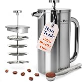 Non-Toxic Stainless Steel French Press, No Plastic or Heavy Metals, 34 oz | Surgical-grade steel. 4-layer filter. Double-wall insulated, stays hot for longer. Measure marks. Dishwasher safe. Portable.