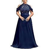 MISSMAY Women's Plus Size Dress Sequin Lace Halter with Cape Sleeves Evening Formal Maxi Dress