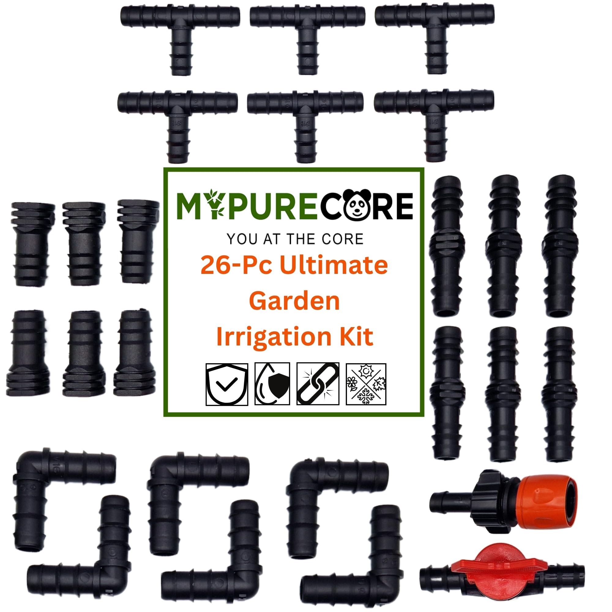 MYPURECORE 26-Pc Ultimate Garden Irrigation Kit: 13mm (1/2) Pipe Connectors, Drip System & Fittings - Universal Hose Attachments for Soaker Hose, Watering Systems, Greenhouses, Lawns - Easy to Install