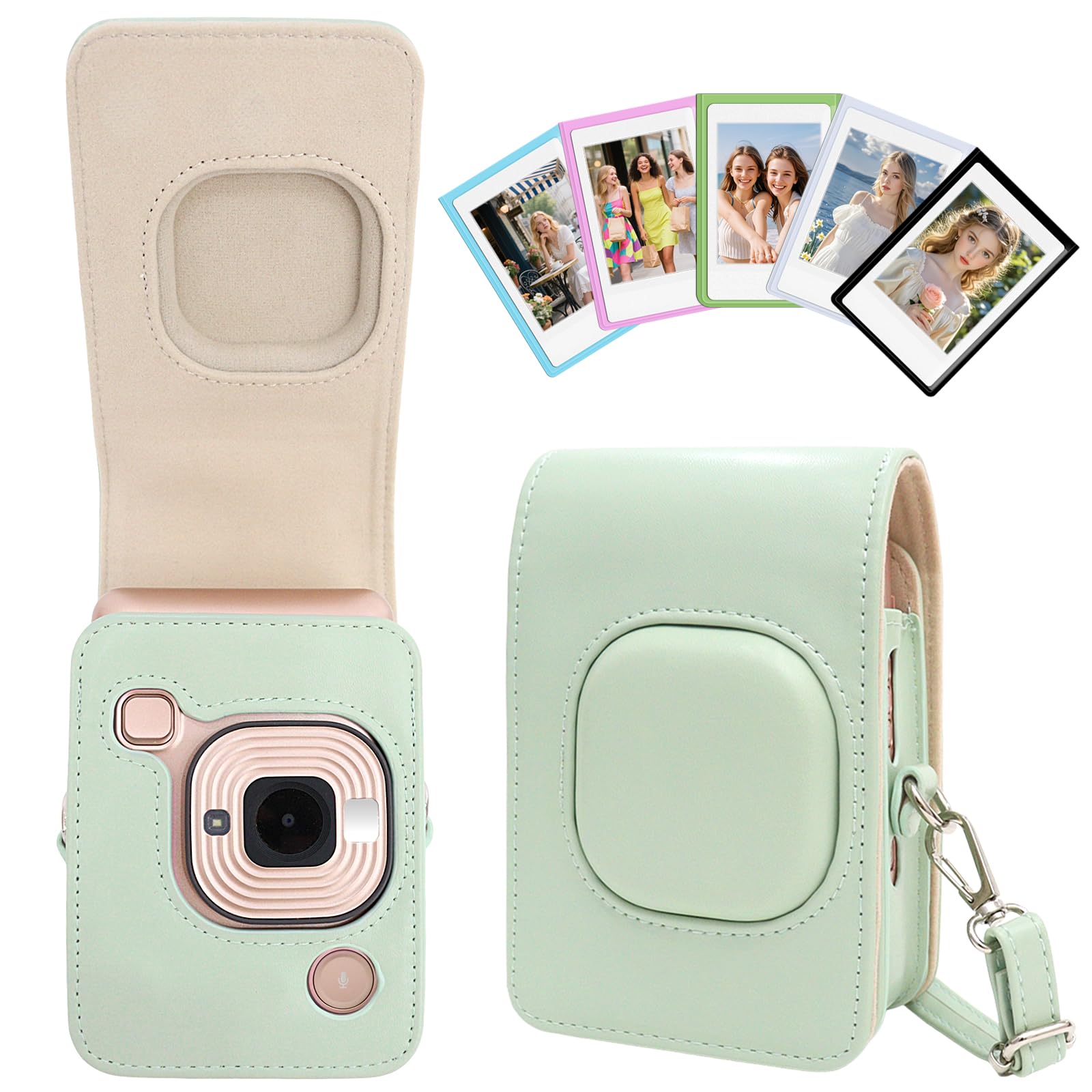 HIYQIN Mini LiPLAY Camera Case and Magnetic Photo Frames, Protective Case Compatible with Fujifilm Instax LiPLAY, for Instax Liplay Cover with Fridge Photo Frames - Matcha Green