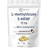 Micro Ingredients L Methylfolate 15mg, 240 Softgels | Active 5-MTHF with B6 & Methyl B12 | Methylated Vitamin B9 with Coconut Oil