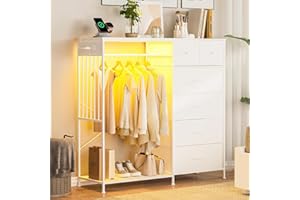 49.2" W Dresser for Bedroom with Hanging Rack, 6 Drawers Dresser with LED Lights & Charging Station, Fabric Dressers & Chest 