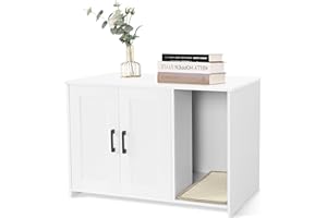 DWANTON Litter Box Enclosure, Cat Litter Box Furniture Hidden, with Scratching Mat, Wooden Cat Washroom Indoor, 31.5" L x 19.7" W x 21.7" H, White