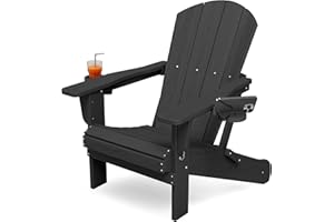 KINGYES Folding Adirondack Chair with Dual Cup Holders - HDPE All-Weather Outdoor Chairs, Wood-Like Patio Chair for Backyard,