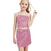 CharmWM Girls Sparkly Sequin Skirt Sets Sleeveless Tank Top Crop Dance Blouse with High Waisted Mini Skirts 3-14 Years