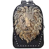 seamand Personalized 3D Lion PU Leather Casual Laptop Backpack for Men Durable Travel Daypack (Gold color)